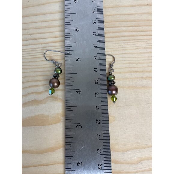 Green and Copper Tone Pierced Dangling Ball Bead Earrings - Picture 3 of 3